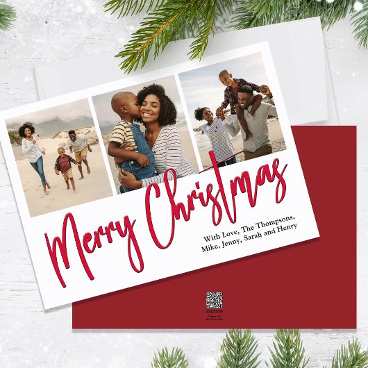 Vrolijk Kerstmis Multi Foto Rode Kalligrafie Scrip Feestdagenkaart