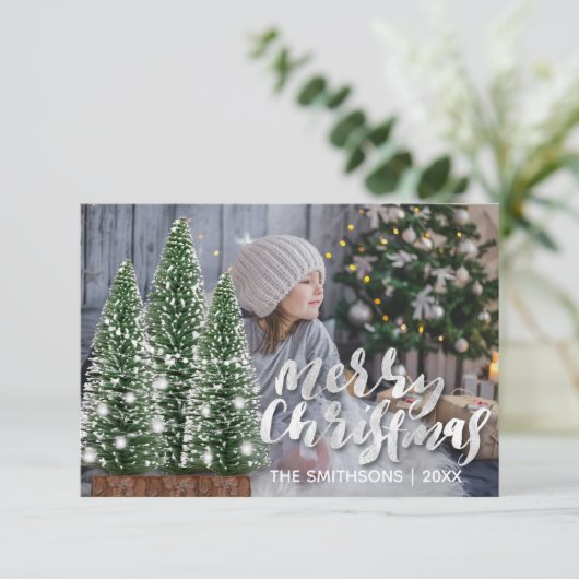 Vrolijk Kerstmis Naam Boom Winter Lichten Foto Roz Kaart (Staand voorkant)