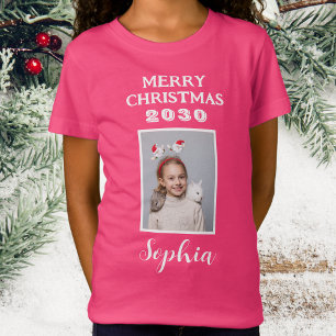 Vrolijk Kerstmis naam en foto meisjes roze T-shirt