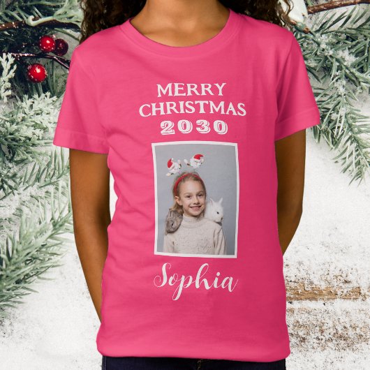 Vrolijk Kerstmis naam en foto meisjes roze T-shirt
