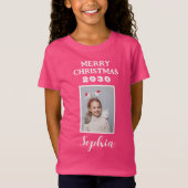 Vrolijk Kerstmis naam en foto meisjes roze T-shirt (Voorkant)