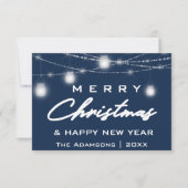 Vrolijk Kerstmis Naam Foto Lichten Blauw Marine Kaart (Voorkant)