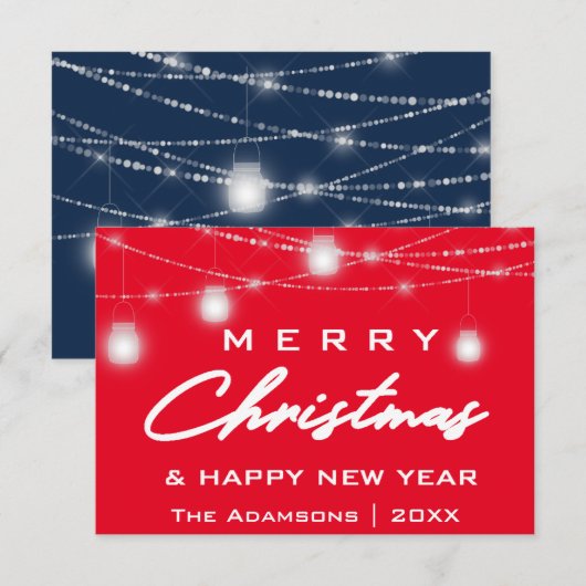 Vrolijk Kerstmis Naam Foto Lichten Rode Marine Kaart (Voorkant / Achterkant)