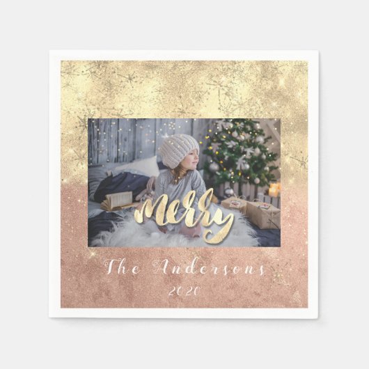 Vrolijk Kerstmis Naam Goud Glitter Foto Roos Sterr Servet (Voorkant)