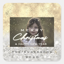 Vrolijk Kerstmis Naam Goud Sneeuw Glitter Foto Gri Vierkante Sticker