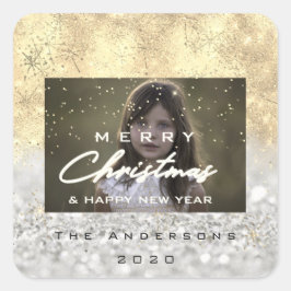Vrolijk Kerstmis Naam Goud Sneeuw Glitter Foto Gri Vierkante Sticker