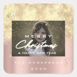 Vrolijk Kerstmis Naam Goud Sneeuw Glitter Foto Roo Vierkante Sticker