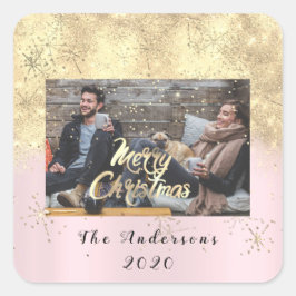 Vrolijk Kerstmis Naam Gouden Sterren Glitter Foto Vierkante Sticker