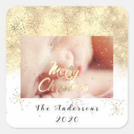 Vrolijk Kerstmis Naam Gouden Sterren Glitter Foto  Vierkante Sticker