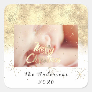 Vrolijk Kerstmis Naam Gouden Sterren Glitter Foto Vierkante Sticker