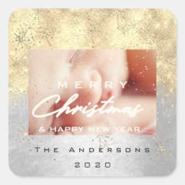 Vrolijk Kerstmis Naam Gouden Sterren Glitter Foto Vierkante Sticker