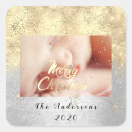 Vrolijk Kerstmis Naam Gouden Sterren Glitter Foto Vierkante Sticker