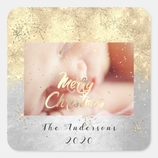 Vrolijk Kerstmis Naam Gouden Sterren Glitter Foto  Vierkante Sticker (Voorkant)