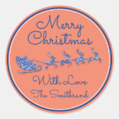 Vrolijk Kerstmis Naam Grijs Sleigh Santa Rendier Ronde Sticker (Voorkant)