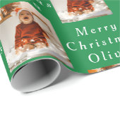 Vrolijk Kerstmis Naam Groen Wit Foto Collage Cadeaupapier (Rol Hoek)