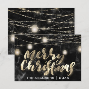 Vrolijk Kerstmis Naam Lichten Marmer Zwart Goud Kaart