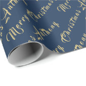 Vrolijk Kerstmis Naam Marine Goud Eenvoudig Modern Cadeaupapier (Rol Hoek)