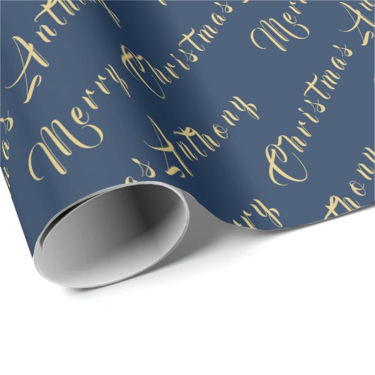 Vrolijk Kerstmis Naam Marine Goud Eenvoudig Modern Cadeaupapier (Rol Hoek)