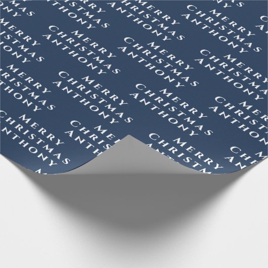 Vrolijk Kerstmis Naam Marine Wit Eenvoudig Modern Cadeaupapier (Hoek)