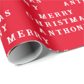 Vrolijk Kerstmis Naam Rood Wit Eenvoudig Modern Cadeaupapier (Rol Hoek)