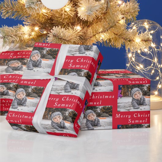 Vrolijk Kerstmis naam Rood Wit Foto Collage Cadeaupapier (Feestdagen)