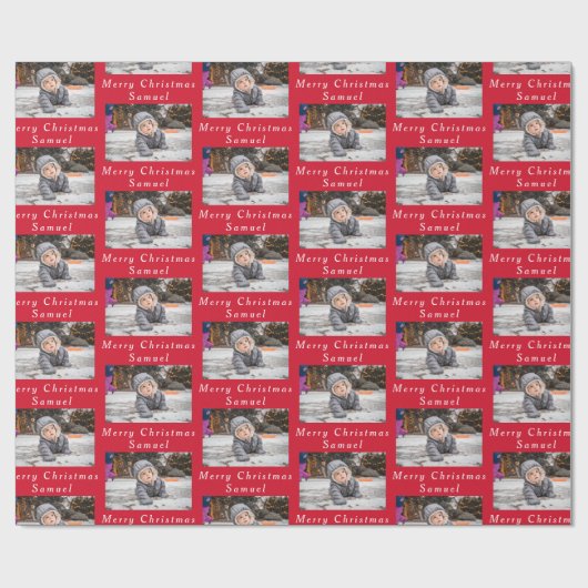 Vrolijk Kerstmis naam Rood Wit Foto Collage Cadeaupapier (Vlak)