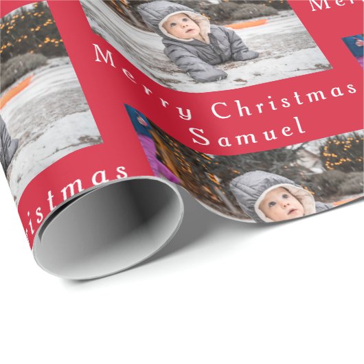 Vrolijk Kerstmis naam Rood Wit Foto Collage Cadeaupapier (Rol Hoek)