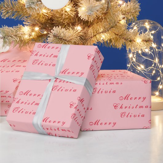 Vrolijk Kerstmis Naam Roze Rood Eenvoudig Modern Cadeaupapier (Feestdagen)