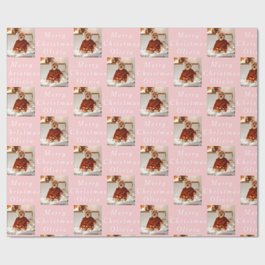 Vrolijk Kerstmis Naam Roze Wit Foto Collage Cadeaupapier (Vlak)