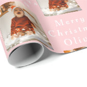 Vrolijk Kerstmis Naam Roze Wit Foto Collage Cadeaupapier (Rol Hoek)