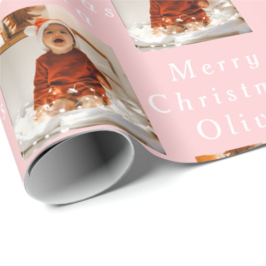 Vrolijk Kerstmis Naam Roze Wit Foto Collage Cadeaupapier (Rol Hoek)
