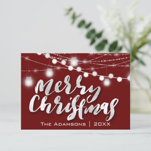 Vrolijk Kerstmis Naam String Lights Bourgondië Kaart (Staand voorkant)