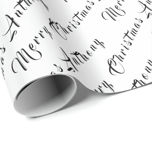 Vrolijk Kerstmis Naam Zwart Wit Eenvoudig Modern Cadeaupapier (Rol Hoek)