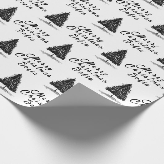 Vrolijk Kerstmis Naam Zwart Wit Eenvoudig Modern Cadeaupapier (Hoek)