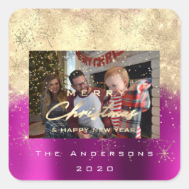 Vrolijk Kerstmis Nieuw Faux Gold Glitter Foto Roze Vierkante Sticker
