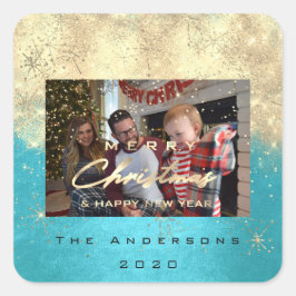 Vrolijk Kerstmis Nieuw Goud Glitter Foto Blauw Vierkante Sticker