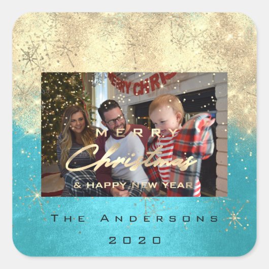 Vrolijk Kerstmis Nieuw Goud Glitter Foto Blauw Vierkante Sticker (Voorkant)