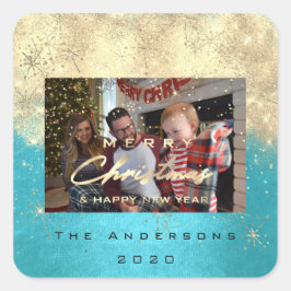 Vrolijk Kerstmis Nieuw Goud Glitter Foto Blauw Vierkante Sticker