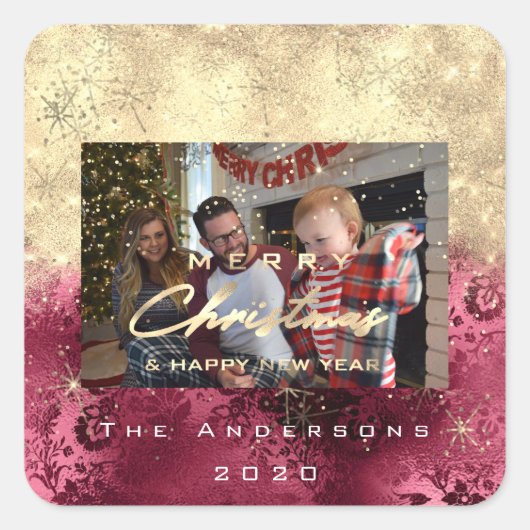 Vrolijk Kerstmis Nieuw Goud Glitter Foto Bordeaux Vierkante Sticker (Voorkant)