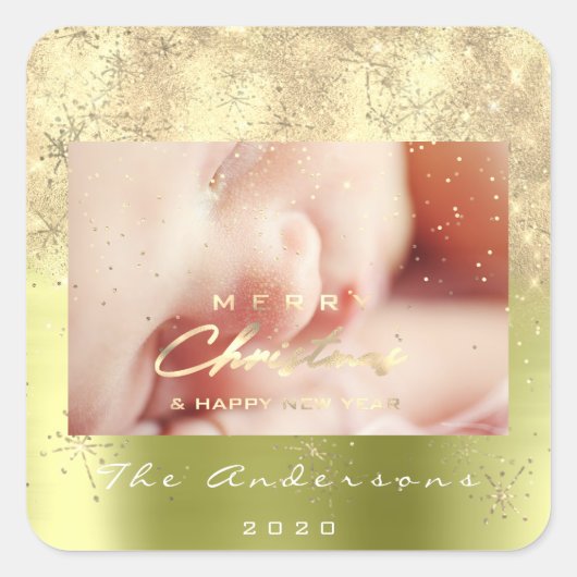 Vrolijk Kerstmis Nieuw Goud Glitter Foto Vonk Mint Vierkante Sticker (Voorkant)