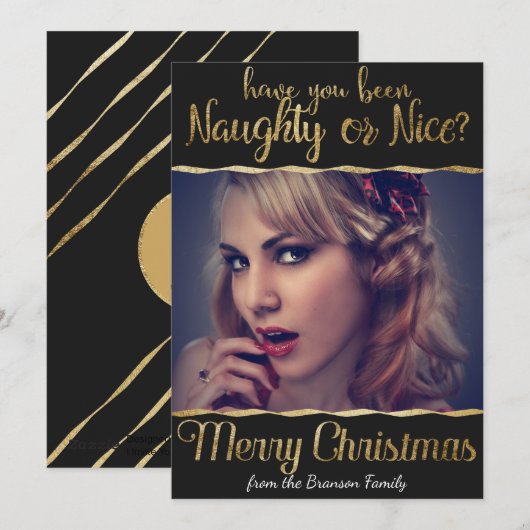 Vrolijk Kerstmis Ondeugend of Mooi Goud Foto Feestdagenkaart (Voorkant / Achterkant)