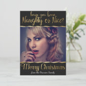 Vrolijk Kerstmis Ondeugend of Mooi Goud Foto Feestdagenkaart (Staand voorkant)