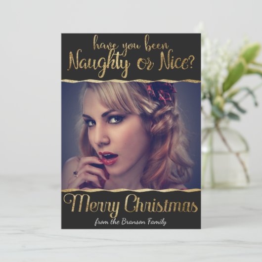 Vrolijk Kerstmis Ondeugend of Mooi Goud Foto Feestdagenkaart (Staand voorkant)