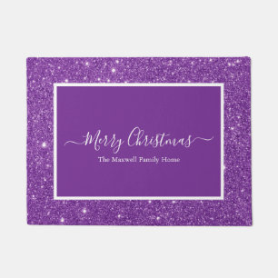 Vrolijk Kerstmis paarse glitter witte familienaam Deurmat