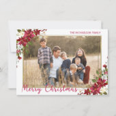 Vrolijk Kerstmis Poinsettia Gouden Foto Feestdagenkaart (Voorkant)