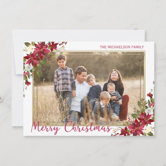 Vrolijk Kerstmis Poinsettia Gouden Foto Feestdagenkaart (Voorkant)