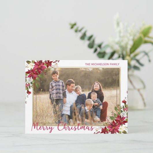 Vrolijk Kerstmis Poinsettia Gouden Foto Feestdagenkaart (Staand voorkant)