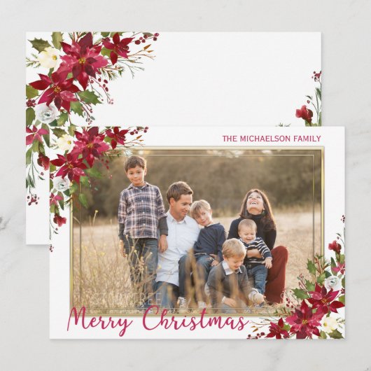 Vrolijk Kerstmis Poinsettia Gouden Foto Feestdagenkaart (Voorkant / Achterkant)