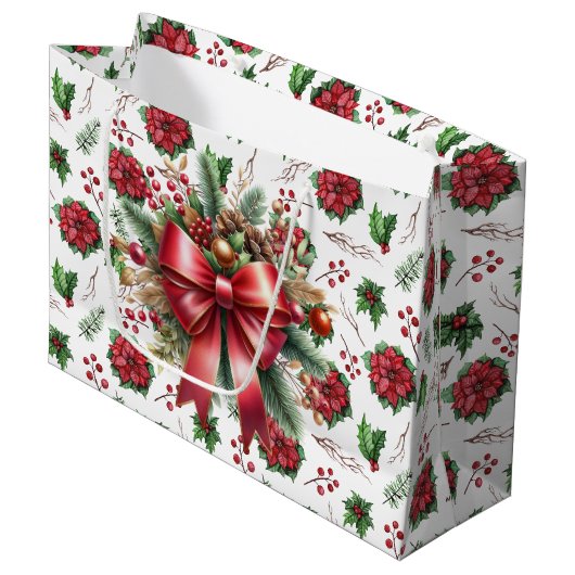 Vrolijk Kerstmis Poinsettia Grote Gift Bag Groot Cadeauzakje (Voorkant Gekanteld)