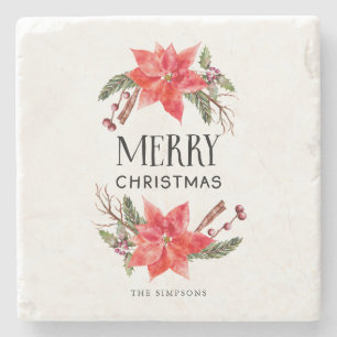 Vrolijk Kerstmis Poinsettia Krans Familie Stenen Onderzetter